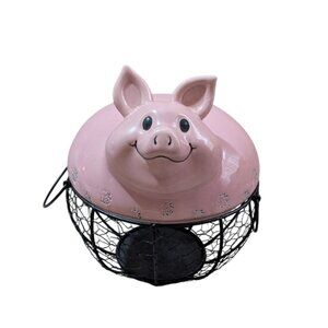 Pig on wire basket  ceramic egg  fruit  farmhouse  home accents decor  7x9" Farm
